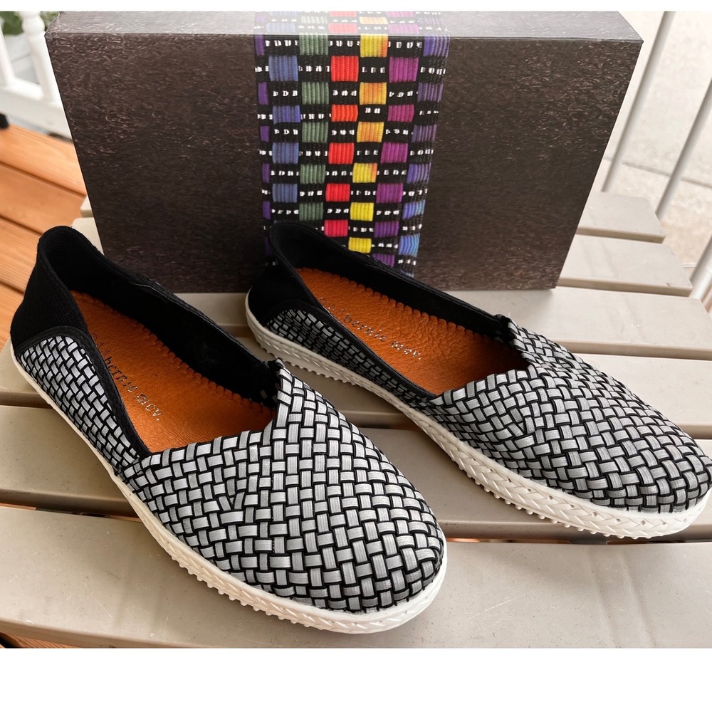 Bernie Mev Beth Black Reflective Woven Elastic Memory Foam Flats Shoes Size 39/8